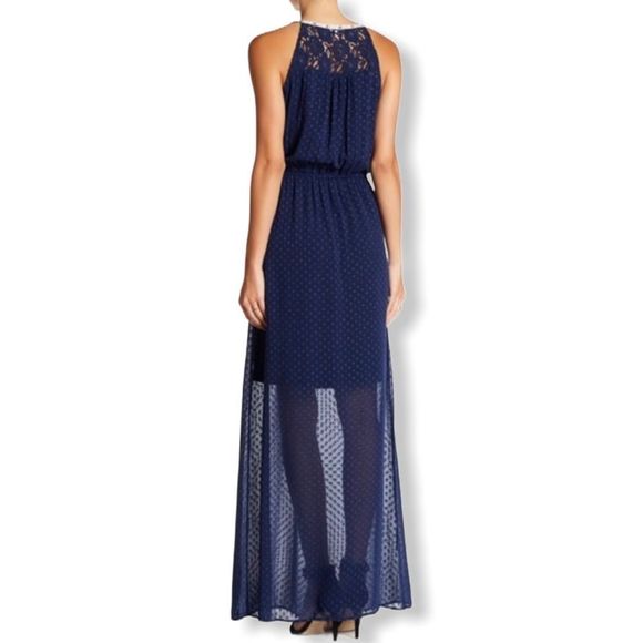 Daniel Rainn Navy Swiss Dot Keyhole Sleeveless Ribbon Trim Maxi Dress size M - Picture 2 of 16